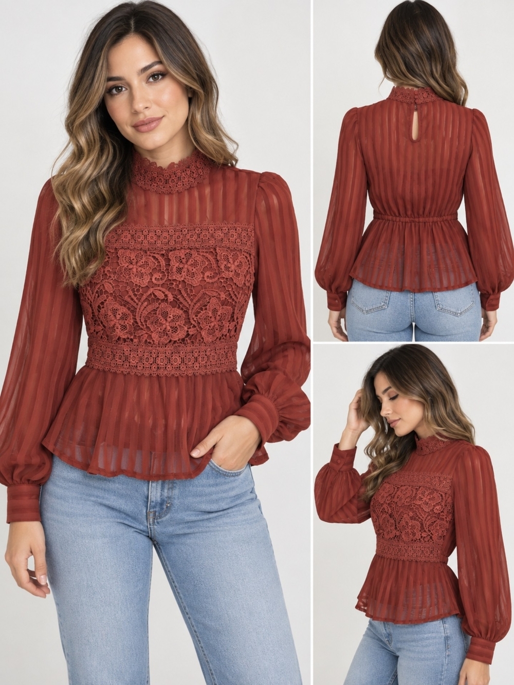 Haute Monde Women Rust Lace-Detail Peplum Long Sleeve Blouse Size S